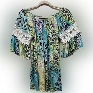 Coco Kelly Multicolor Cheetah Tropical‎ Print Top Sz Small Womens Off- Shoulders